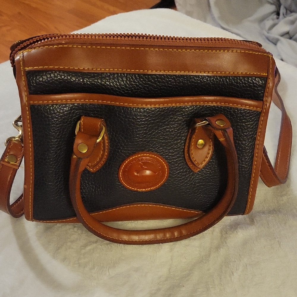 Dooney & Bourke Black Pebble Leather Shoulder Bag with Brown Trim